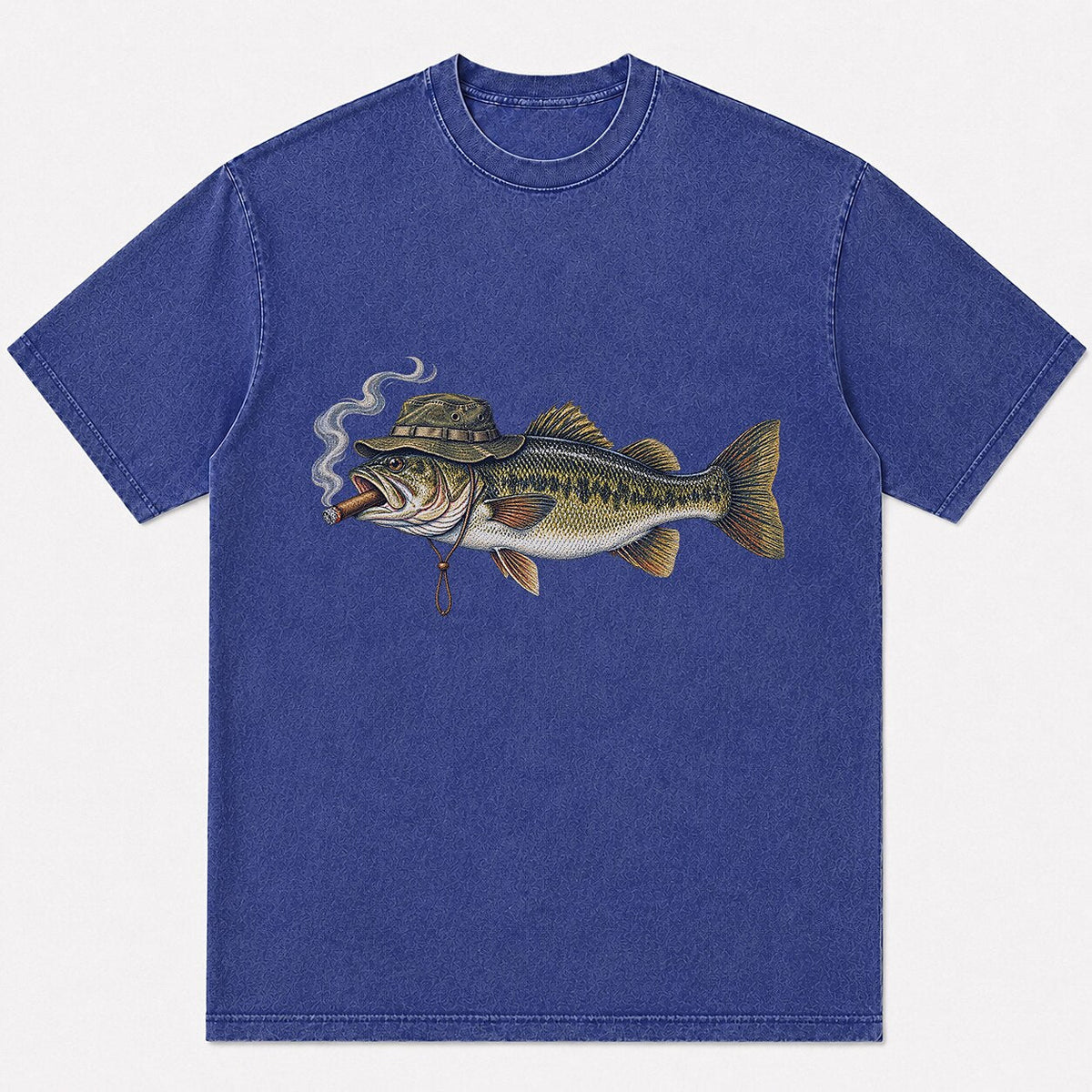 100% Cotton Washed T-Shirt with Cigar-Smoking Largemouth Bass Fishing Graphic - front product view