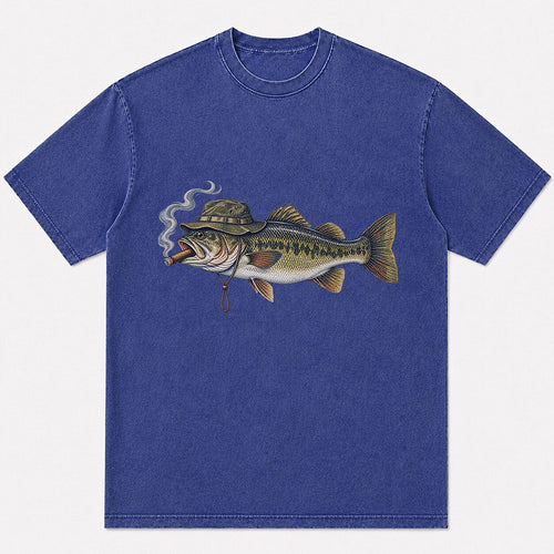 100% Cotton Washed T-Shirt with Cigar-Smoking Largemouth Bass Fishing Graphic - front product view