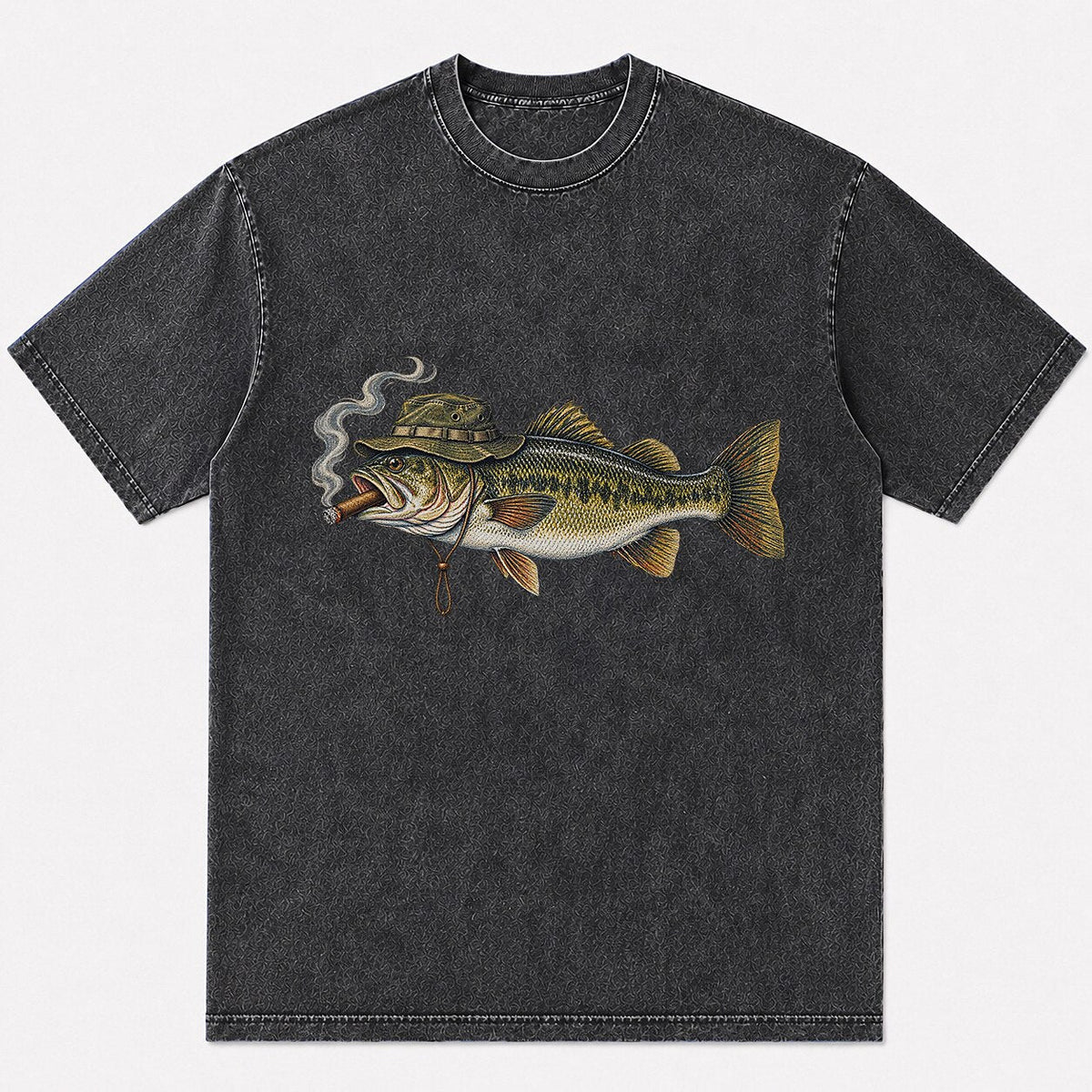 100% Cotton Washed T-Shirt with Cigar-Smoking Largemouth Bass Fishing Graphic - alternate product view