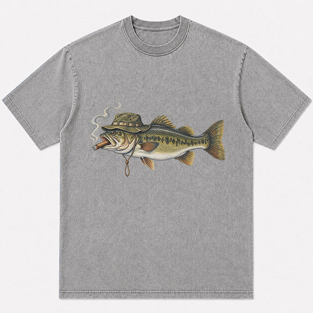 100% Cotton Washed T-Shirt with Cigar-Smoking Largemouth Bass Fishing Graphic - lifestyle product view