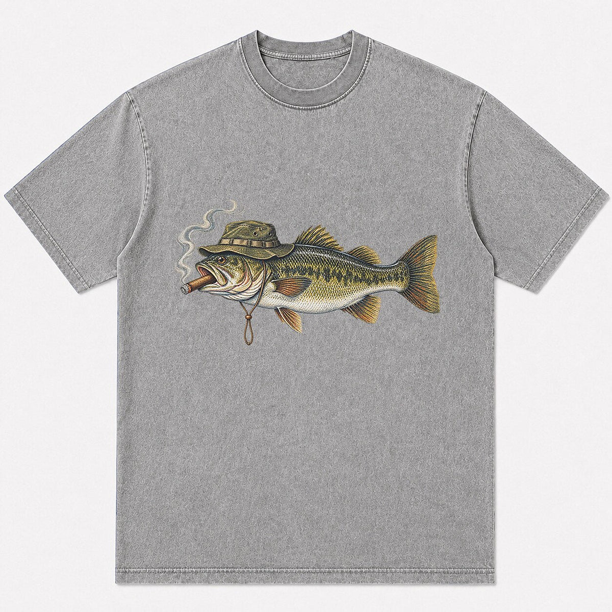 100% Cotton Washed T-Shirt with Cigar-Smoking Largemouth Bass Fishing Graphic - lifestyle product view