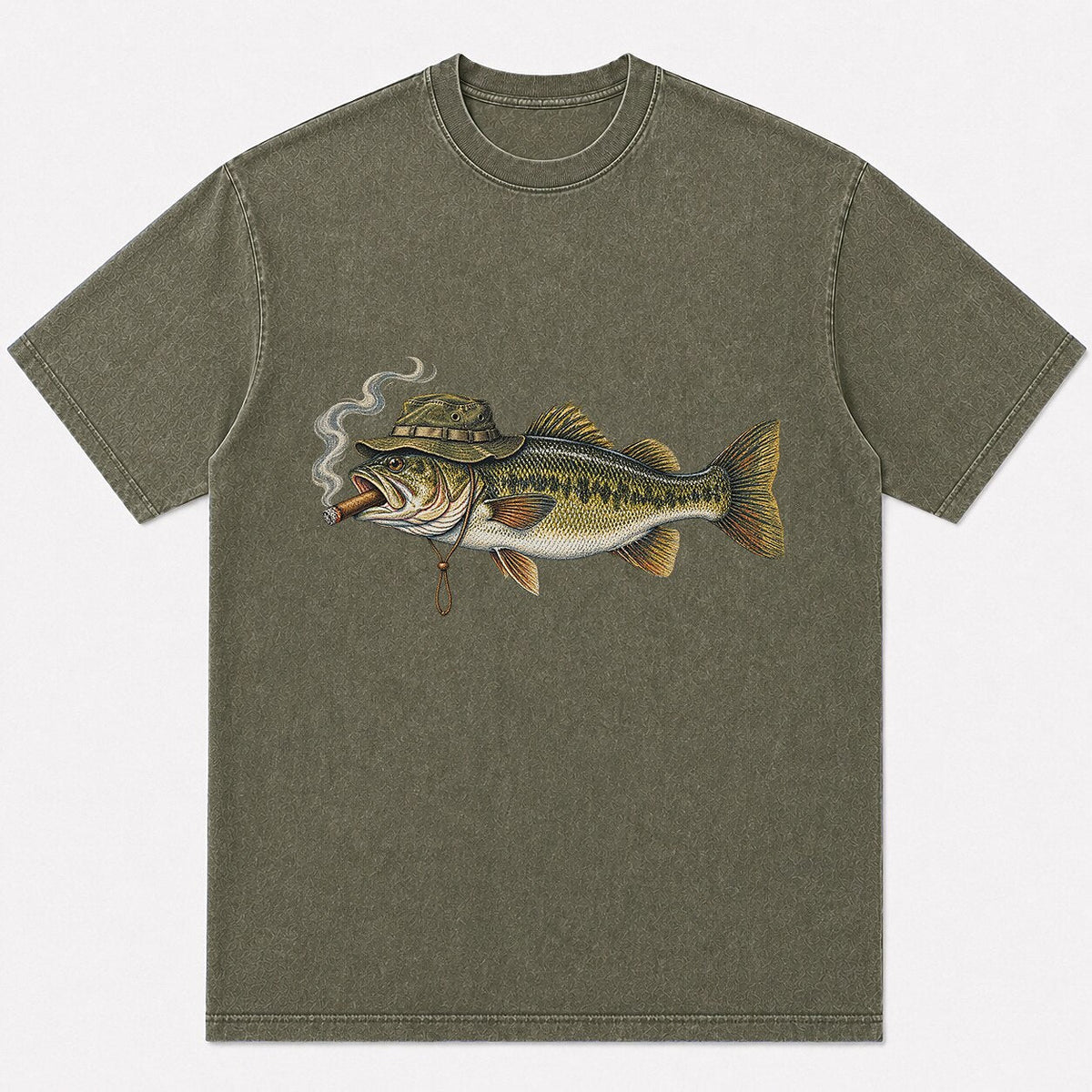 100% Cotton Washed T-Shirt with Cigar-Smoking Largemouth Bass Fishing Graphic - additional product view