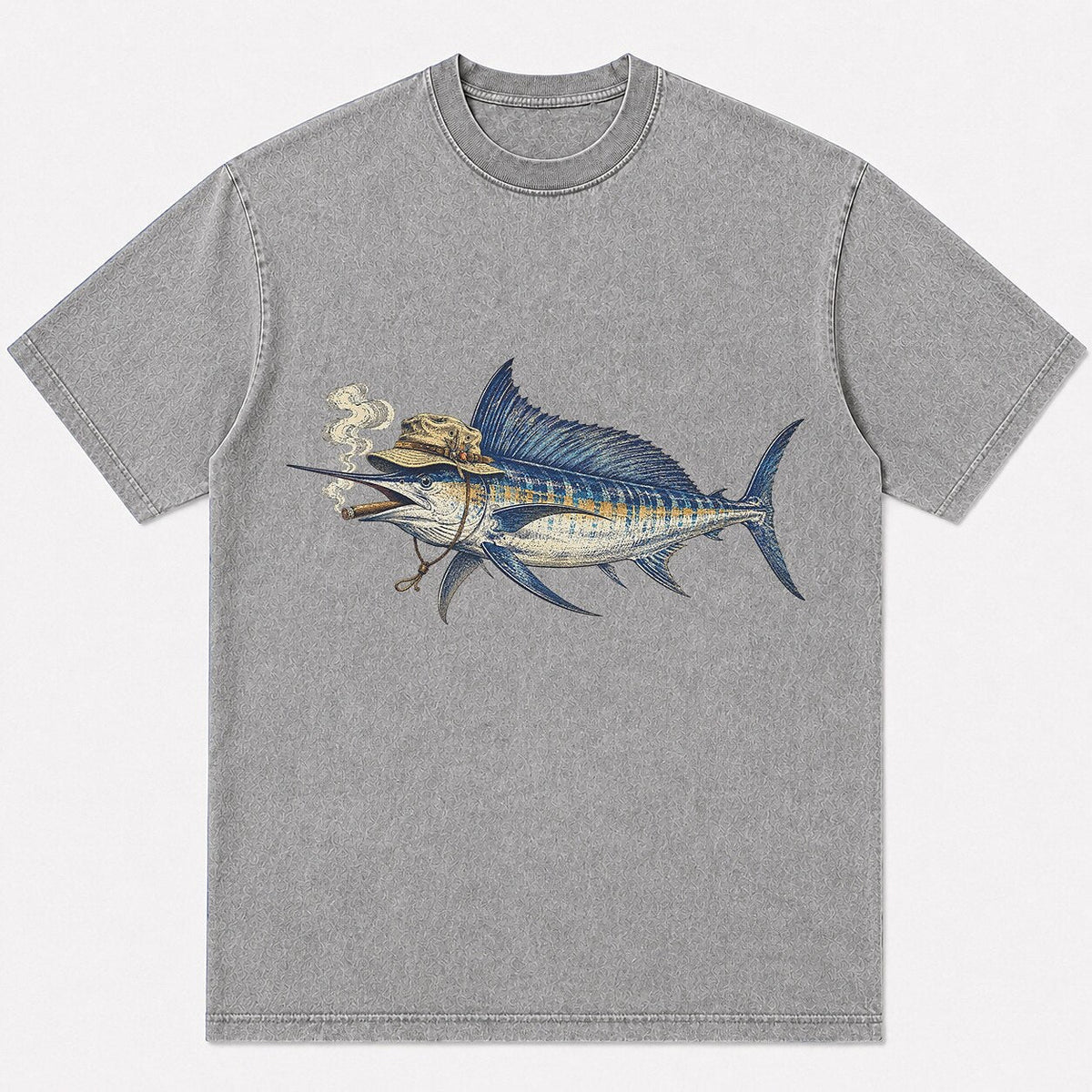 100% Cotton Washed T-Shirt with Cigar-Smoking Sailfish Fishing Graphic - front product view