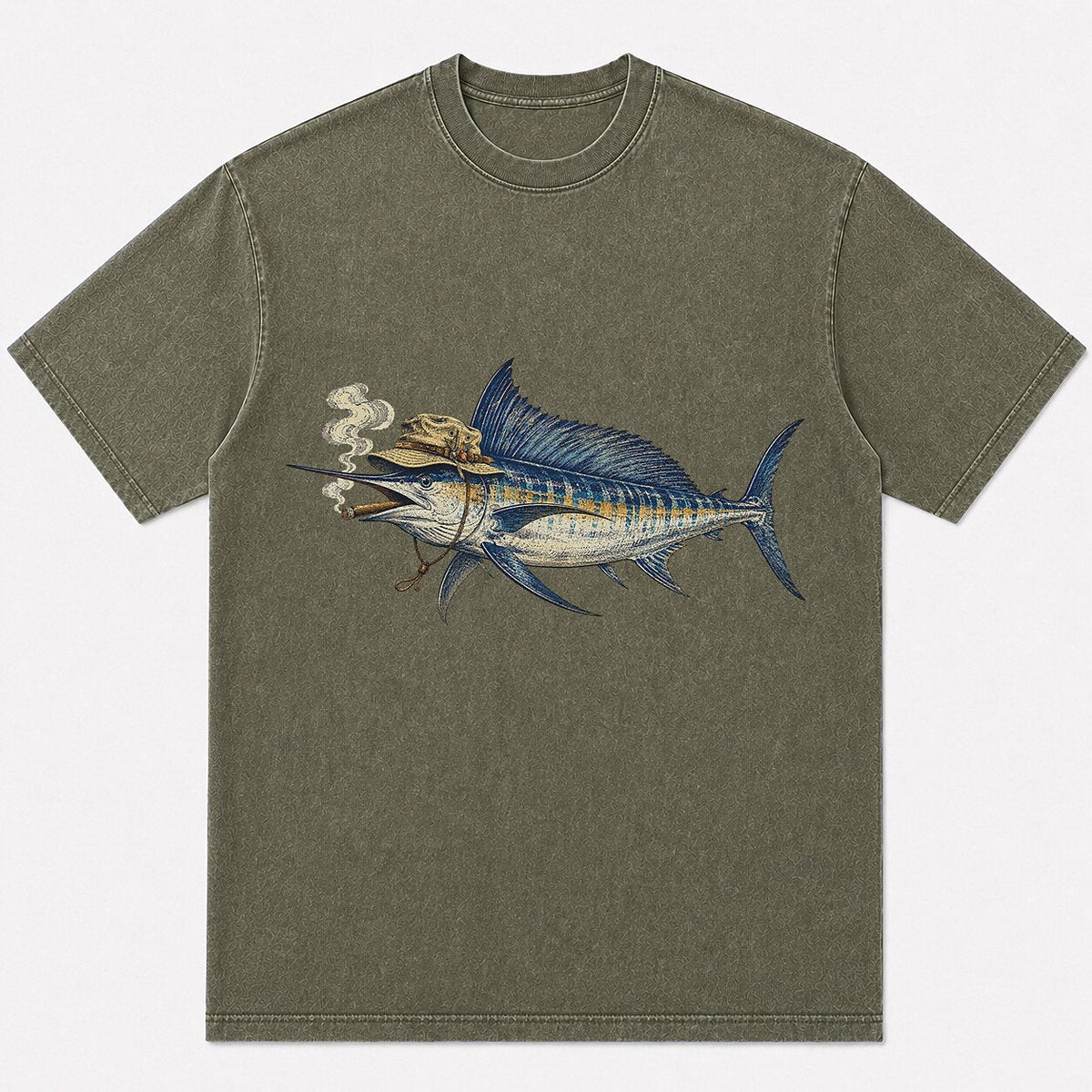 100% Cotton Washed T-Shirt with Cigar-Smoking Sailfish Fishing Graphic - alternate product view