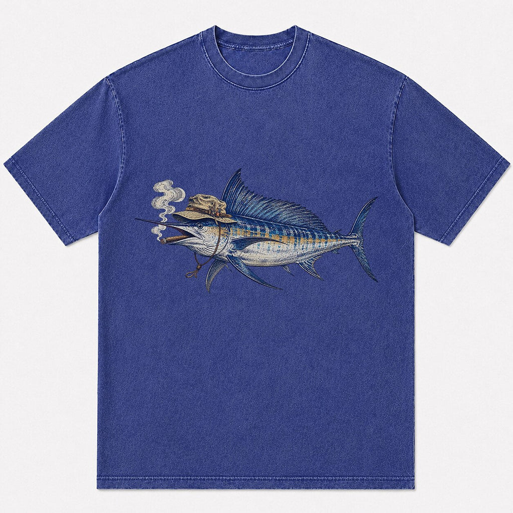 100% Cotton Washed T-Shirt with Cigar-Smoking Sailfish Fishing Graphic - lifestyle product view
