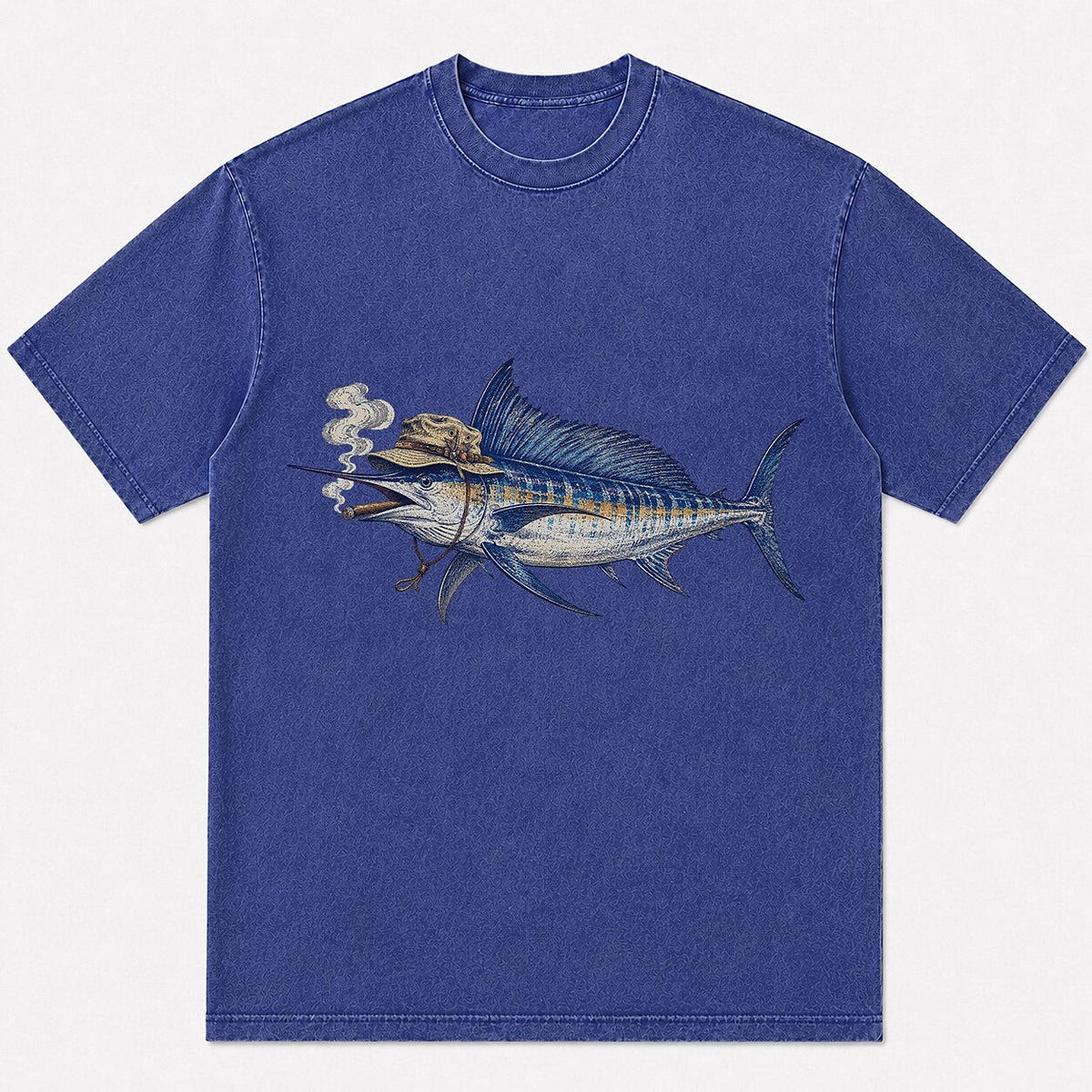 100% Cotton Washed T-Shirt with Cigar-Smoking Sailfish Fishing Graphic - lifestyle product view