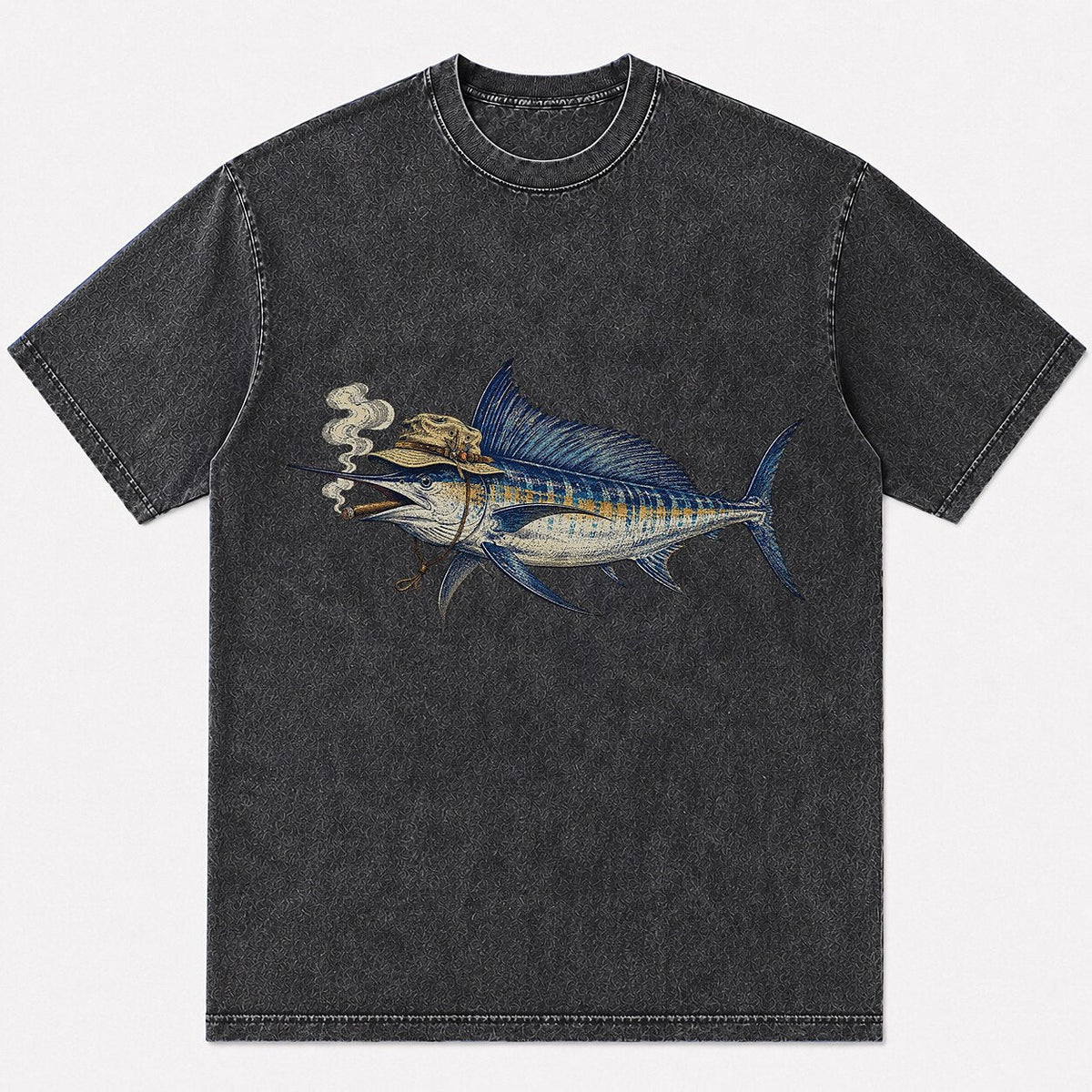 100% Cotton Washed T-Shirt with Cigar-Smoking Sailfish Fishing Graphic - additional product view