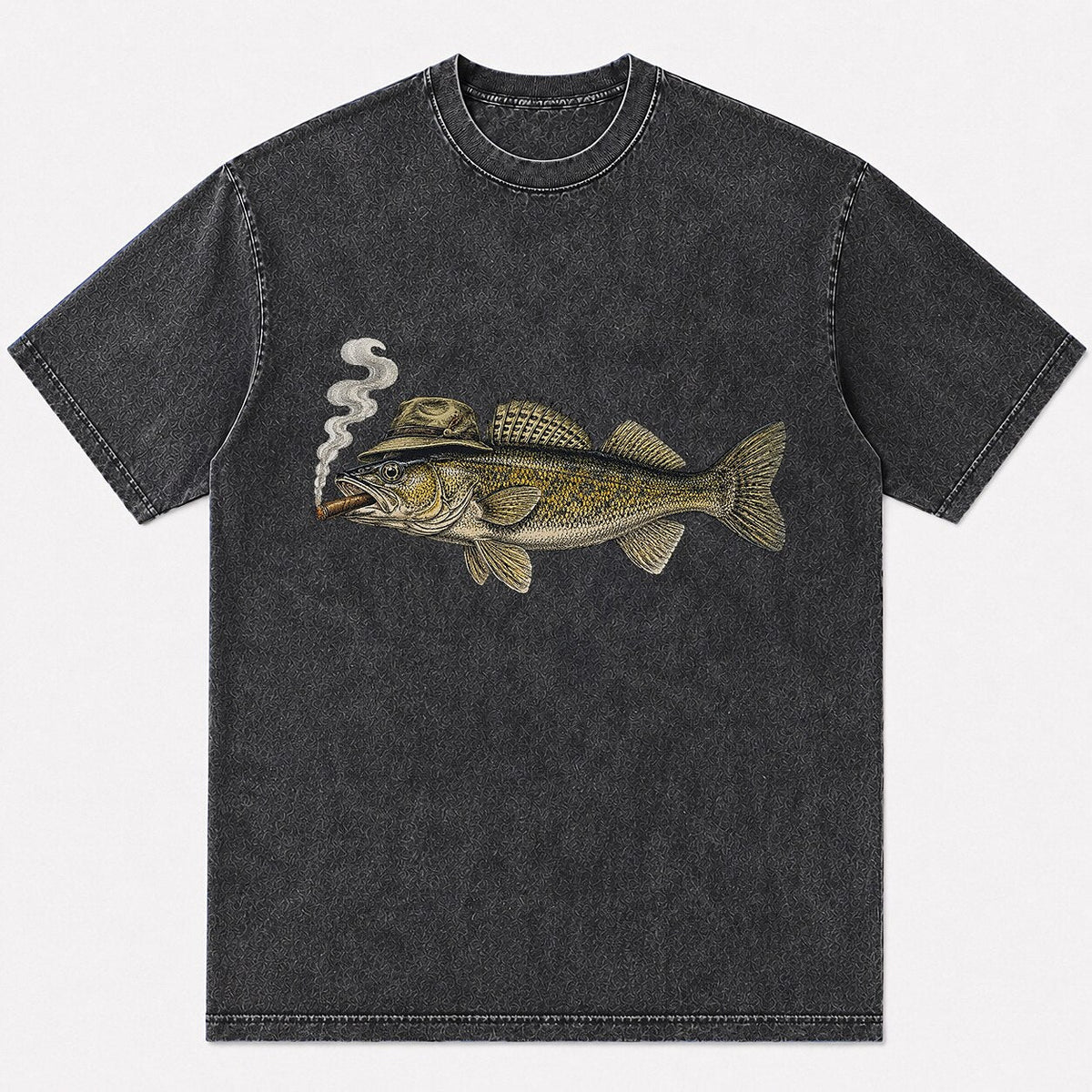 100% Cotton Washed T-Shirt with Cigar-Smoking Walleye Fishing Graphic - front product view