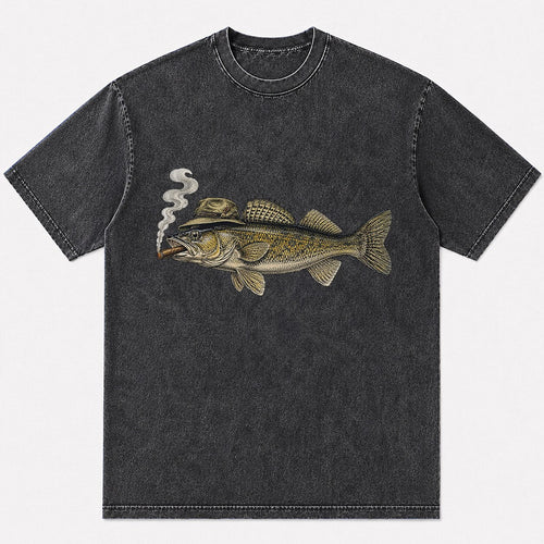 100% Cotton Washed T-Shirt with Cigar-Smoking Walleye Fishing Graphic - front product view