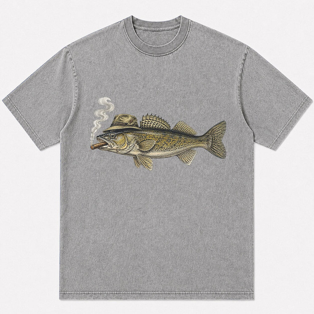 100% Cotton Washed T-Shirt with Cigar-Smoking Walleye Fishing Graphic - alternate product view