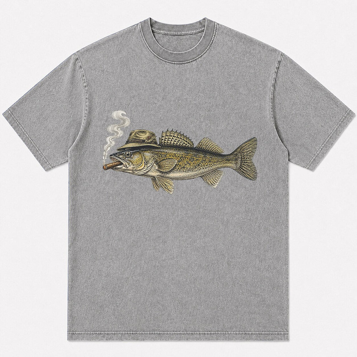 100% Cotton Washed T-Shirt with Cigar-Smoking Walleye Fishing Graphic - alternate product view