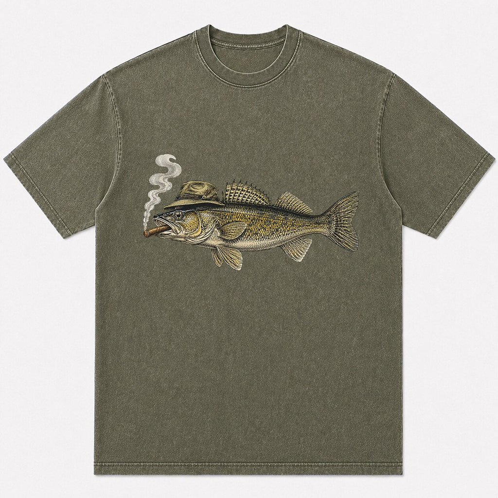 100% Cotton Washed T-Shirt with Cigar-Smoking Walleye Fishing Graphic - lifestyle product view