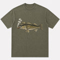 100% Cotton Washed T-Shirt with Cigar-Smoking Walleye Fishing Graphic - lifestyle product view