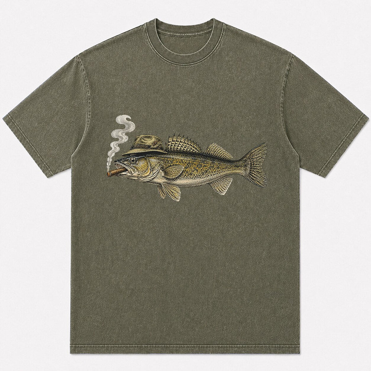 100% Cotton Washed T-Shirt with Cigar-Smoking Walleye Fishing Graphic - lifestyle product view