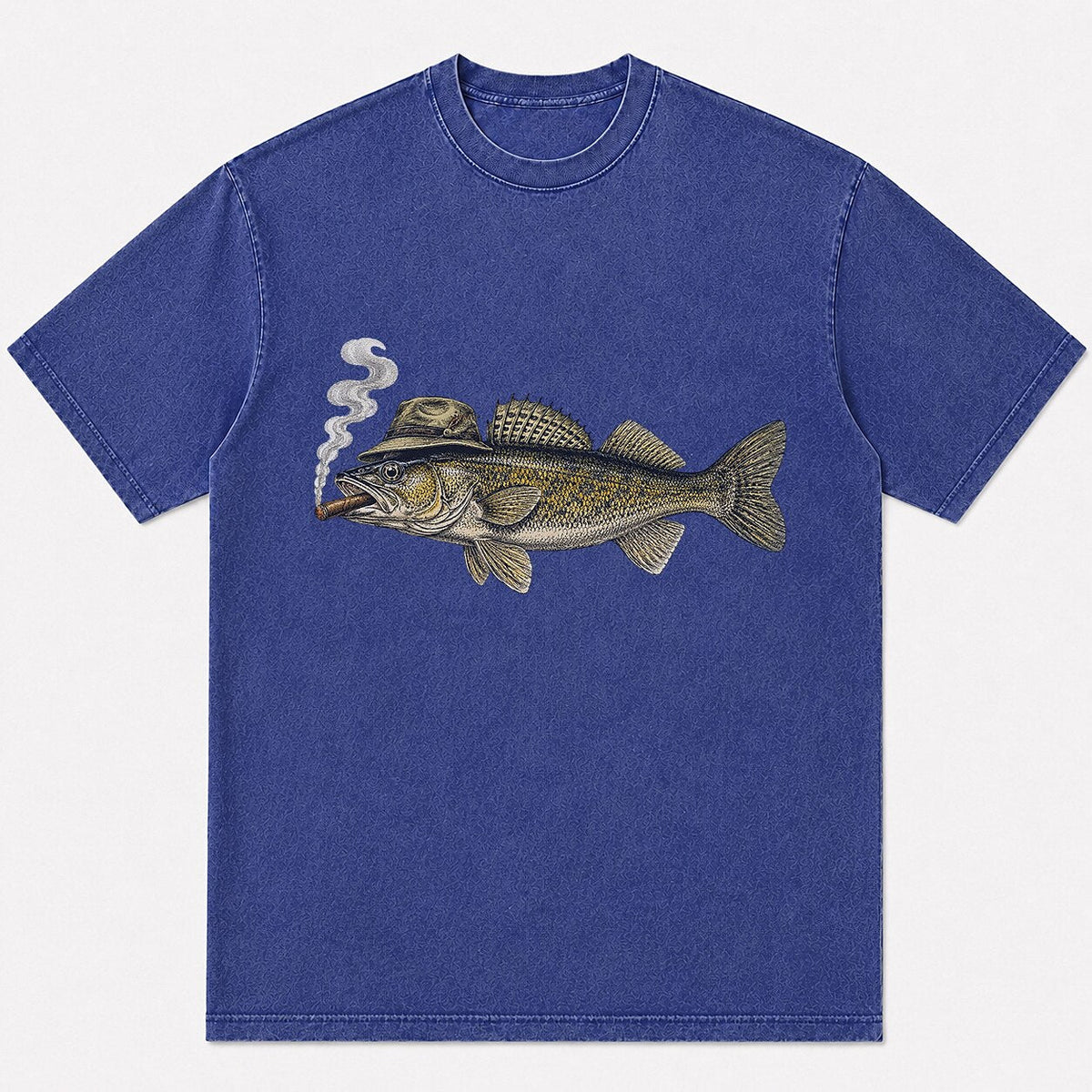 100% Cotton Washed T-Shirt with Cigar-Smoking Walleye Fishing Graphic - additional product view
