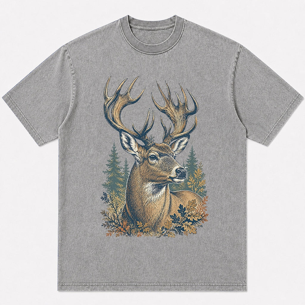 100% Cotton Whitetail Buck Big Game Hunting T-Shirt — black front view with printed graphic