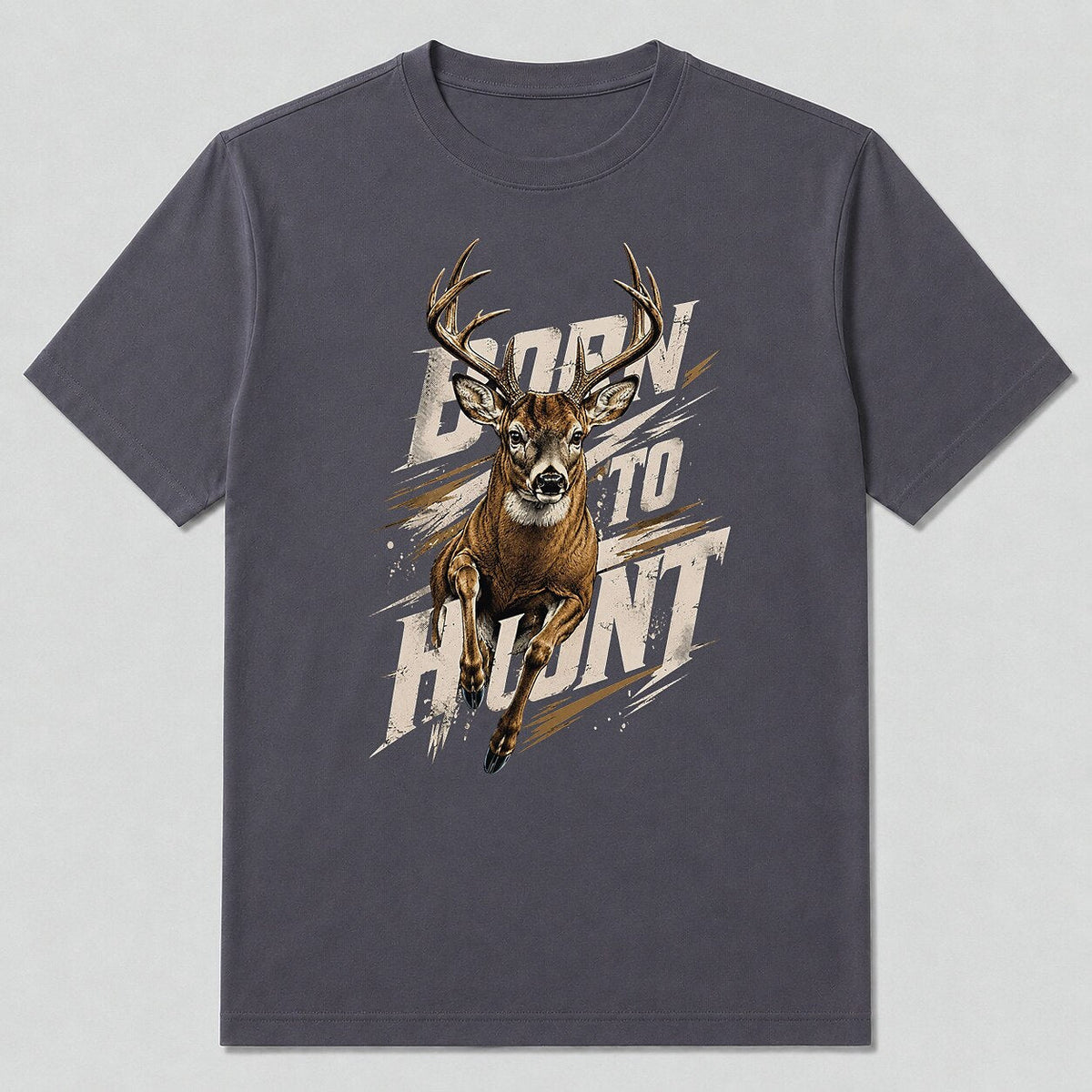 100% Cotton Whitetail Buck Hunting T-Shirt — black front view with printed graphic