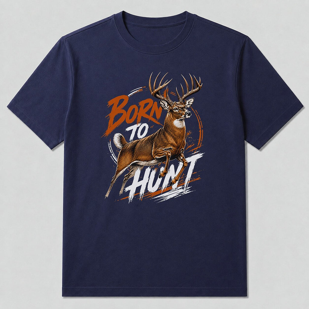 100% Cotton Whitetail Deer Hunting T-Shirt — navy front view with printed graphic