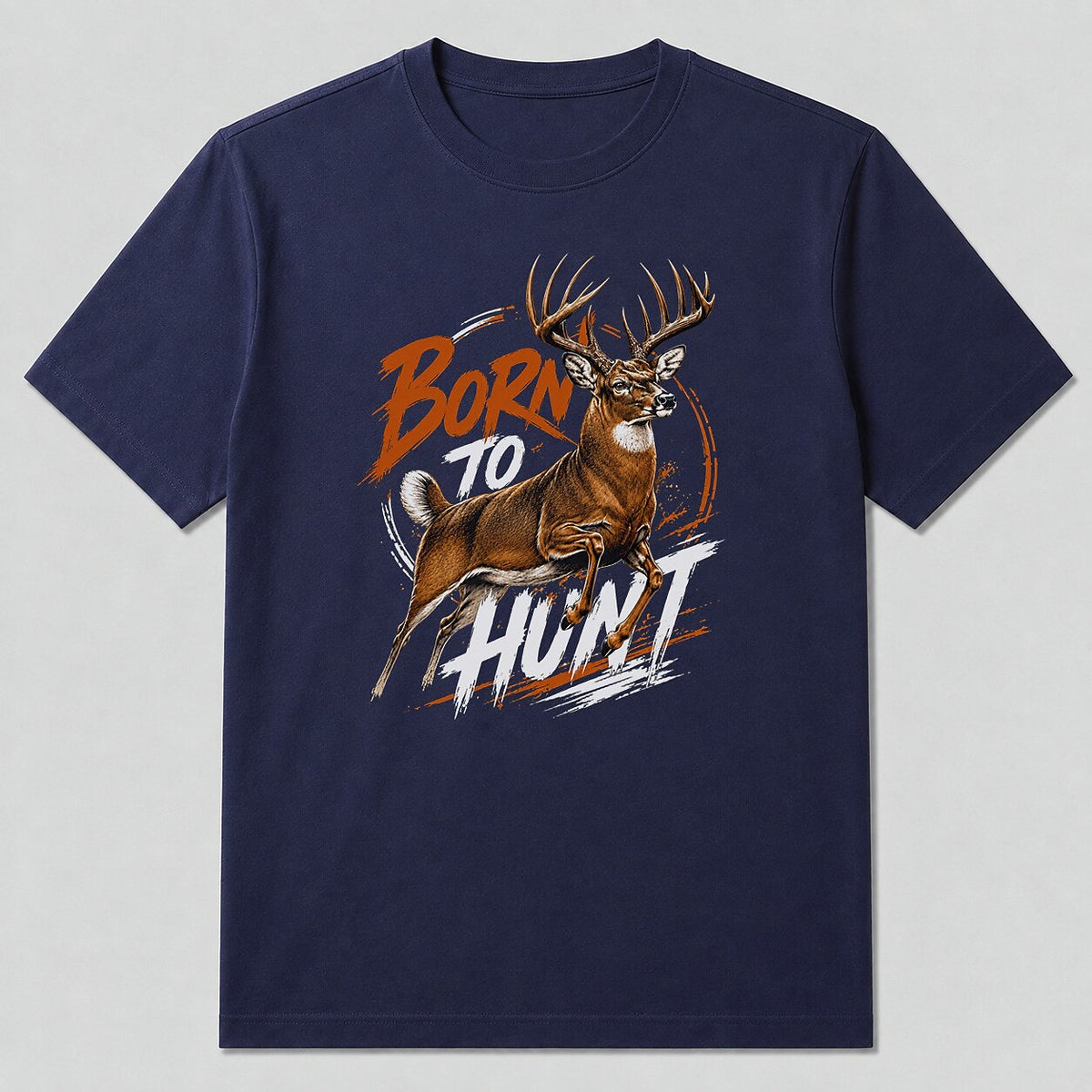 100% Cotton Whitetail Deer Hunting T-Shirt — navy front view with printed graphic