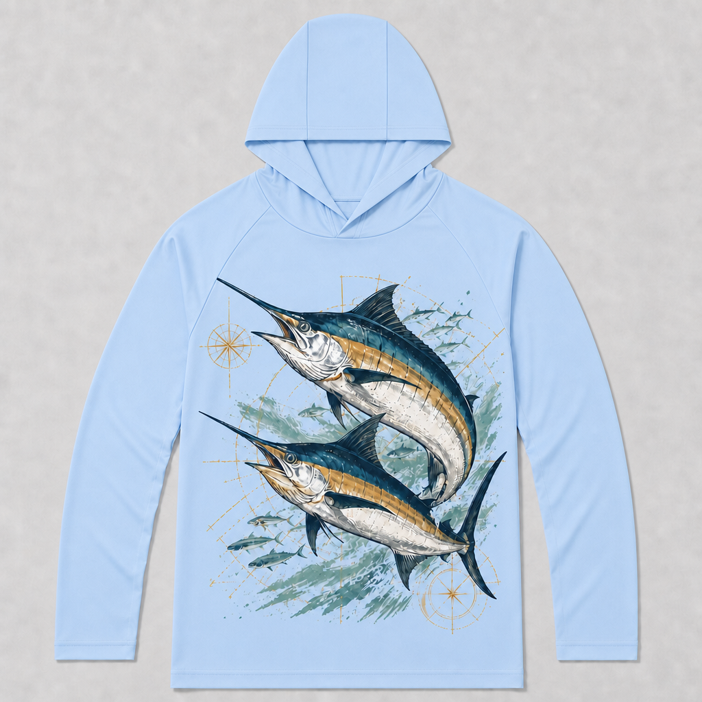 UPF 50+ Blue Marlin Offshore Fishing Sun Protection Hoodie for Men