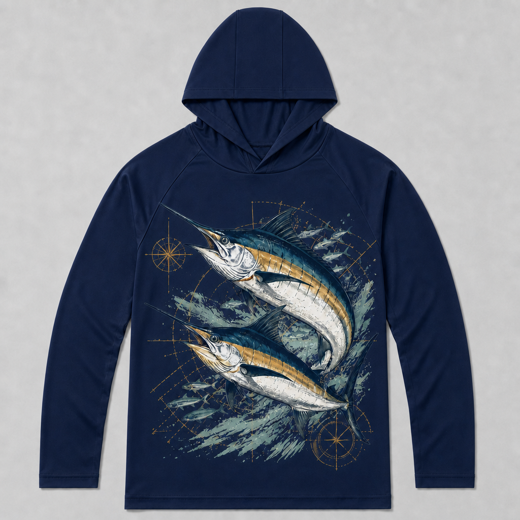 UPF 50+ Blue Marlin Offshore Fishing Sun Protection Hoodie for Men