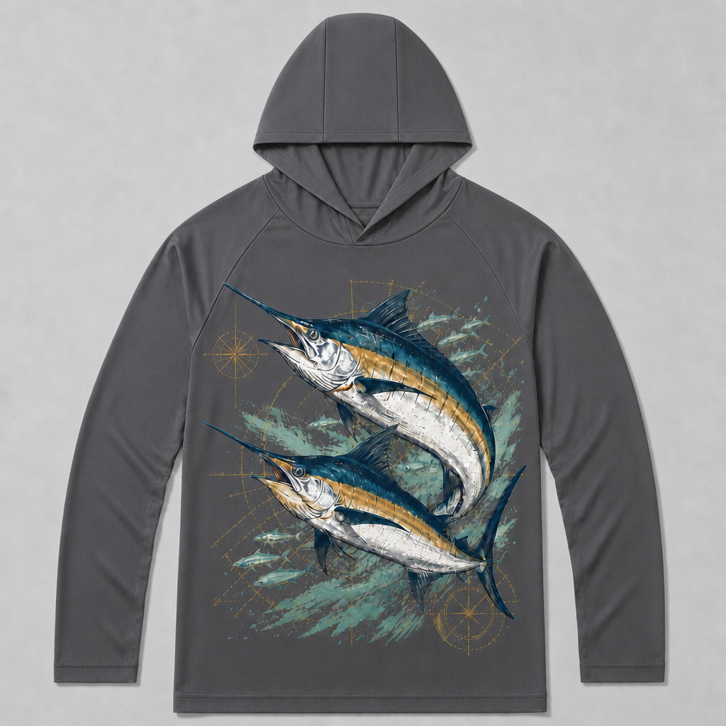 UPF 50+ Blue Marlin Offshore Fishing Sun Protection Hoodie for Men