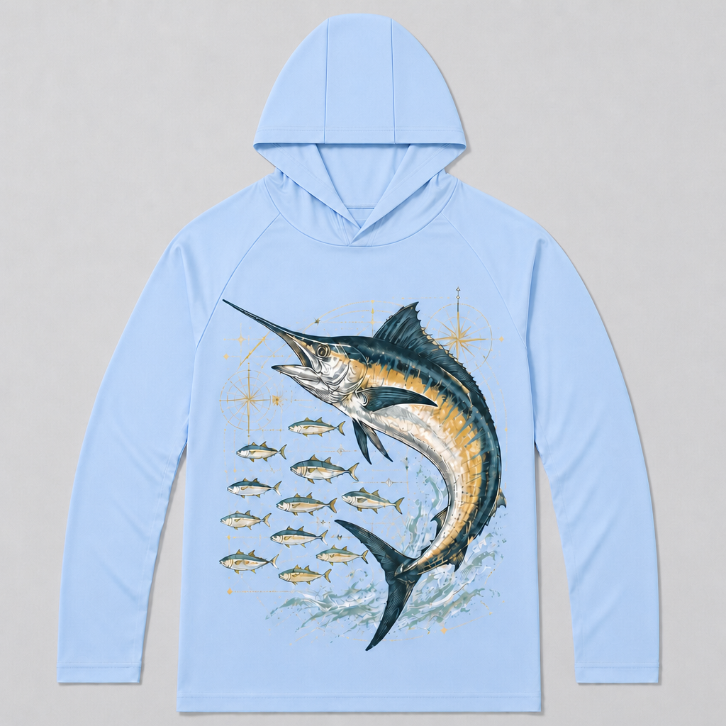 UPF 50+ Blue Marlin Ocean Fishing Sun Protection Hoodie for Men