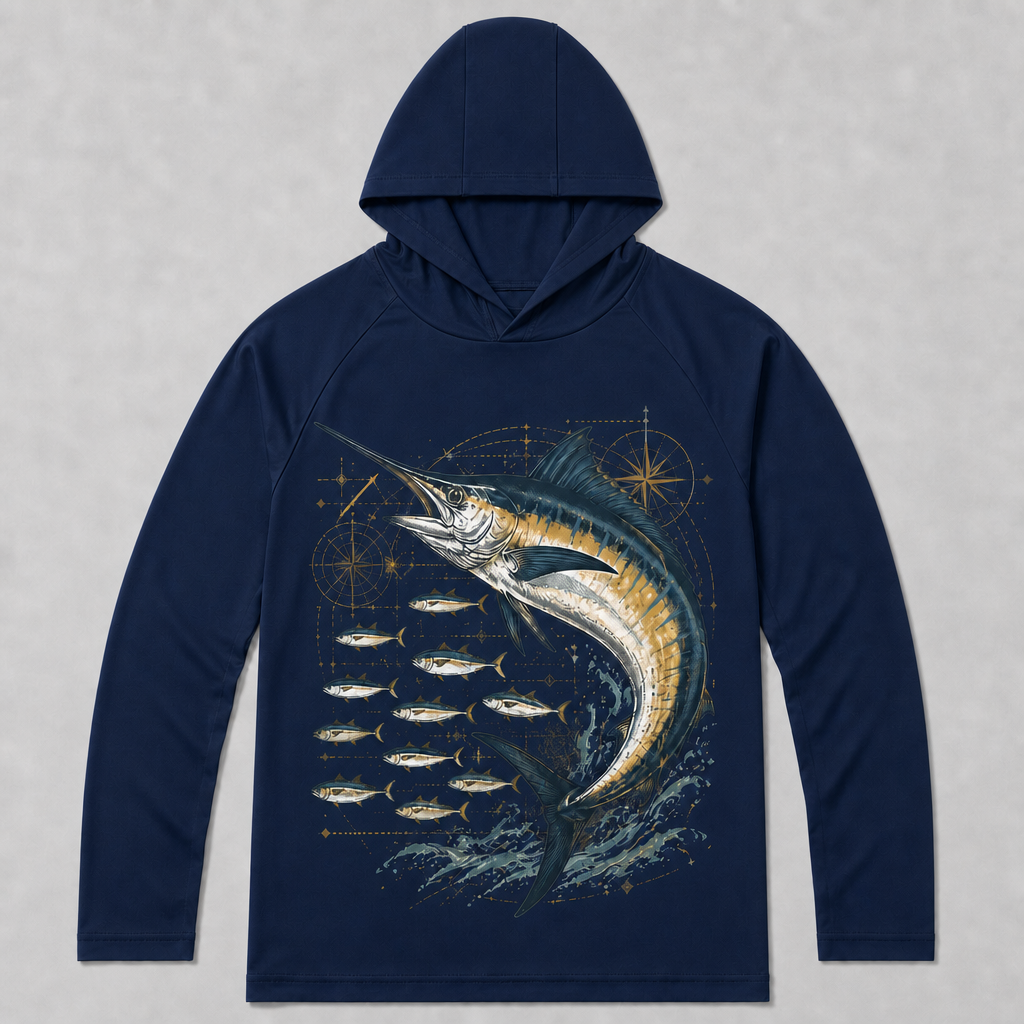 UPF 50+ Blue Marlin Ocean Fishing Sun Protection Hoodie for Men