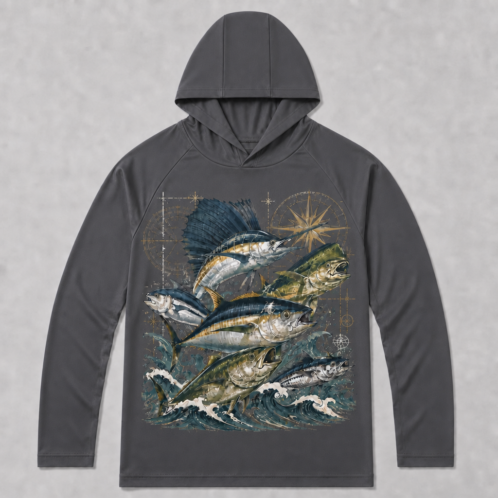 UPF 50+ Salzwasser-Raubfisch-Hochseeangel-Sonnenschutz-Hoodie für Herren