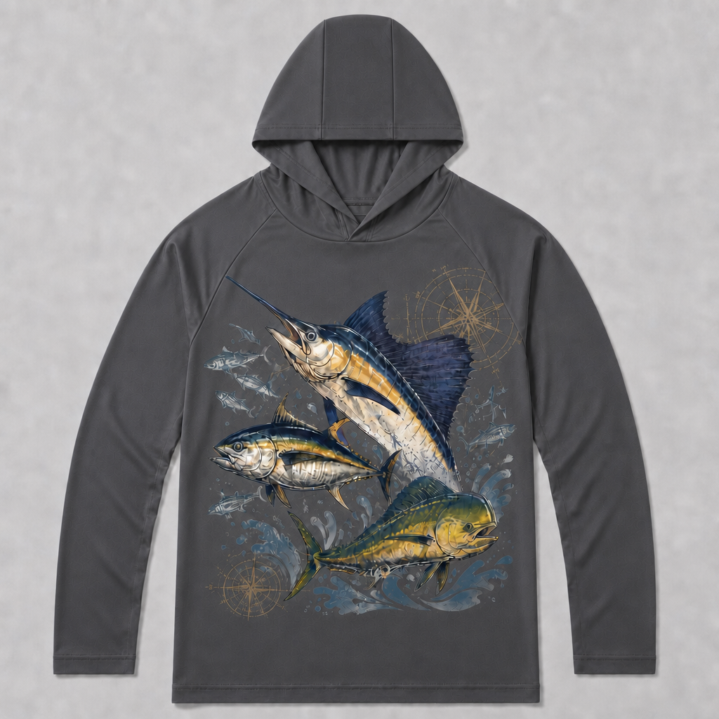 UPF 50+ Marlin Tuna Mahi Offshore Fishing Sun Protection Hoodie for Men