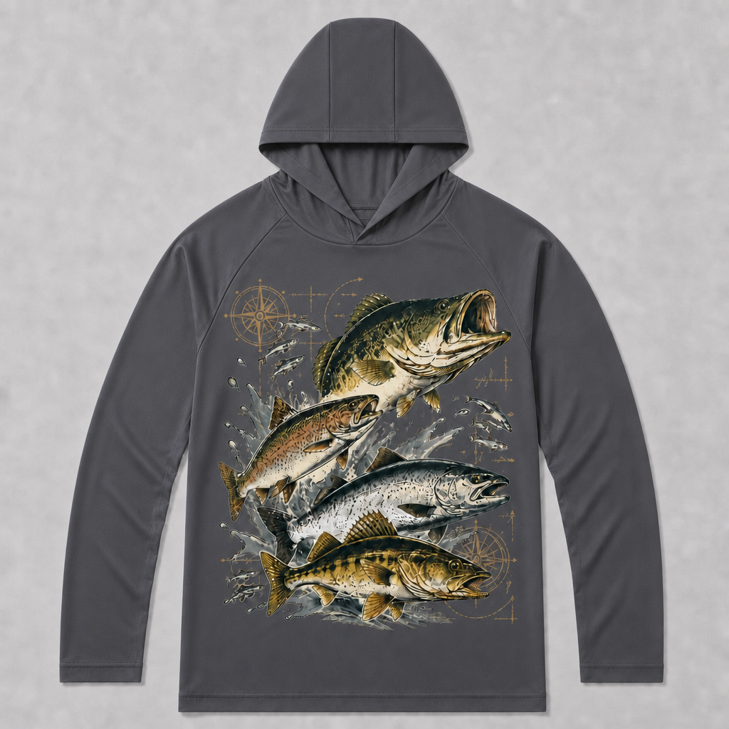 UPF 50+ Bass Trout Freshwater Fishing Sun Protection Hoodie for Men