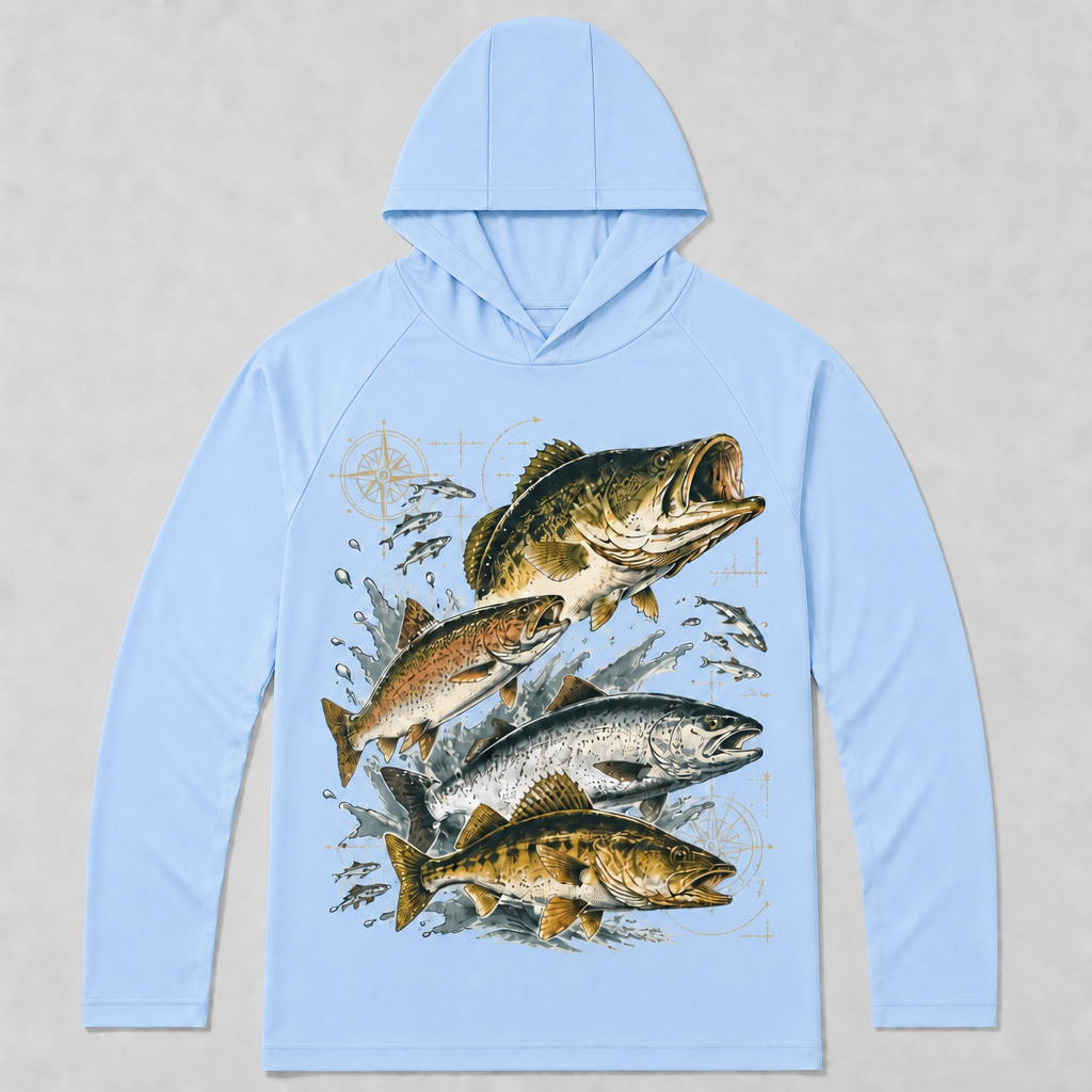 UPF 50+ Bass Trout Freshwater Fishing Sun Protection Hoodie for Men