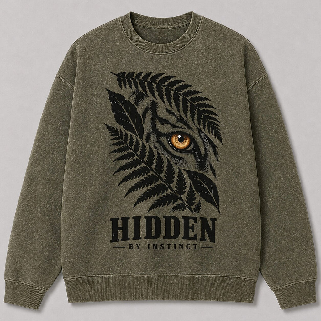Washed Hidden Tiger Fern Jungle Wildlife Graphic Sweatshirt