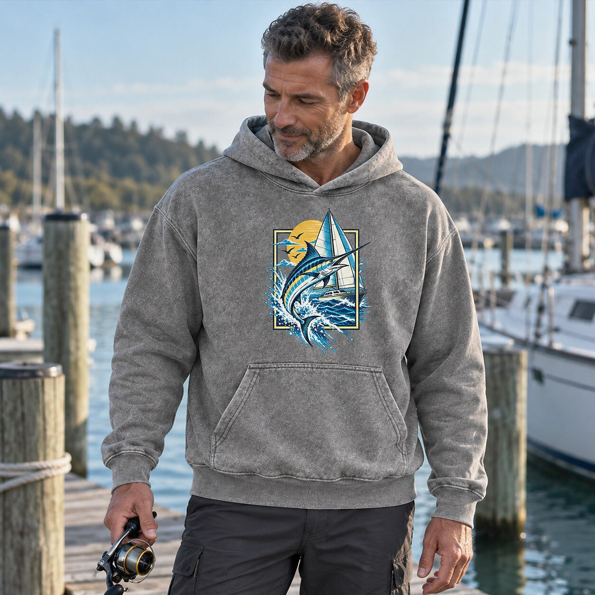 Washed Marlin Sailboat Coastal Fishing Graphic Hoodie