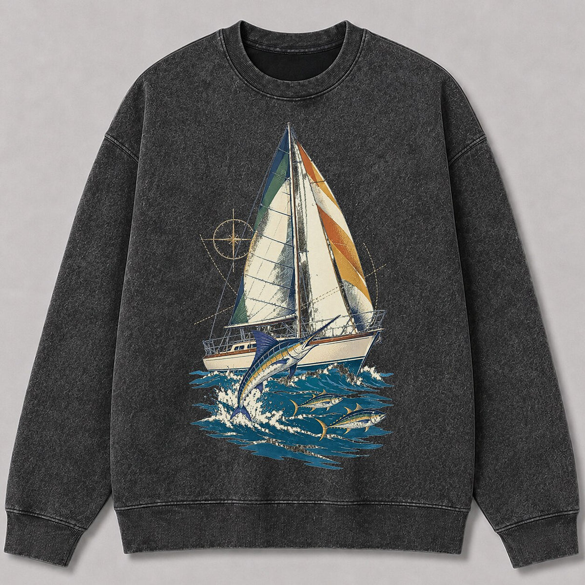 Washed Sailboat Marlin Tuna Coastal Fishing Graphic Sweatshirt