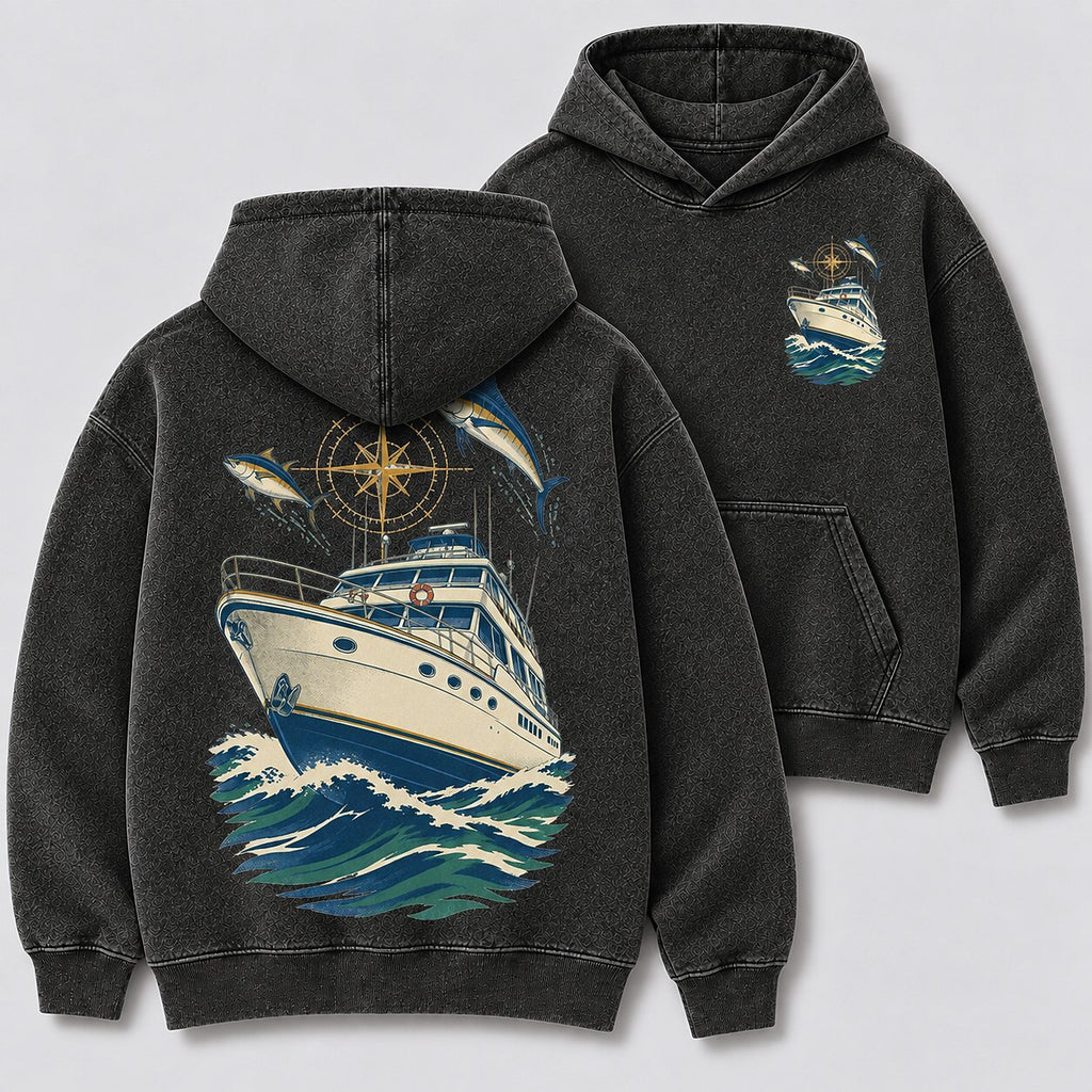 Washed Offshore Fishing Boat Coastal Hoodie Graphic