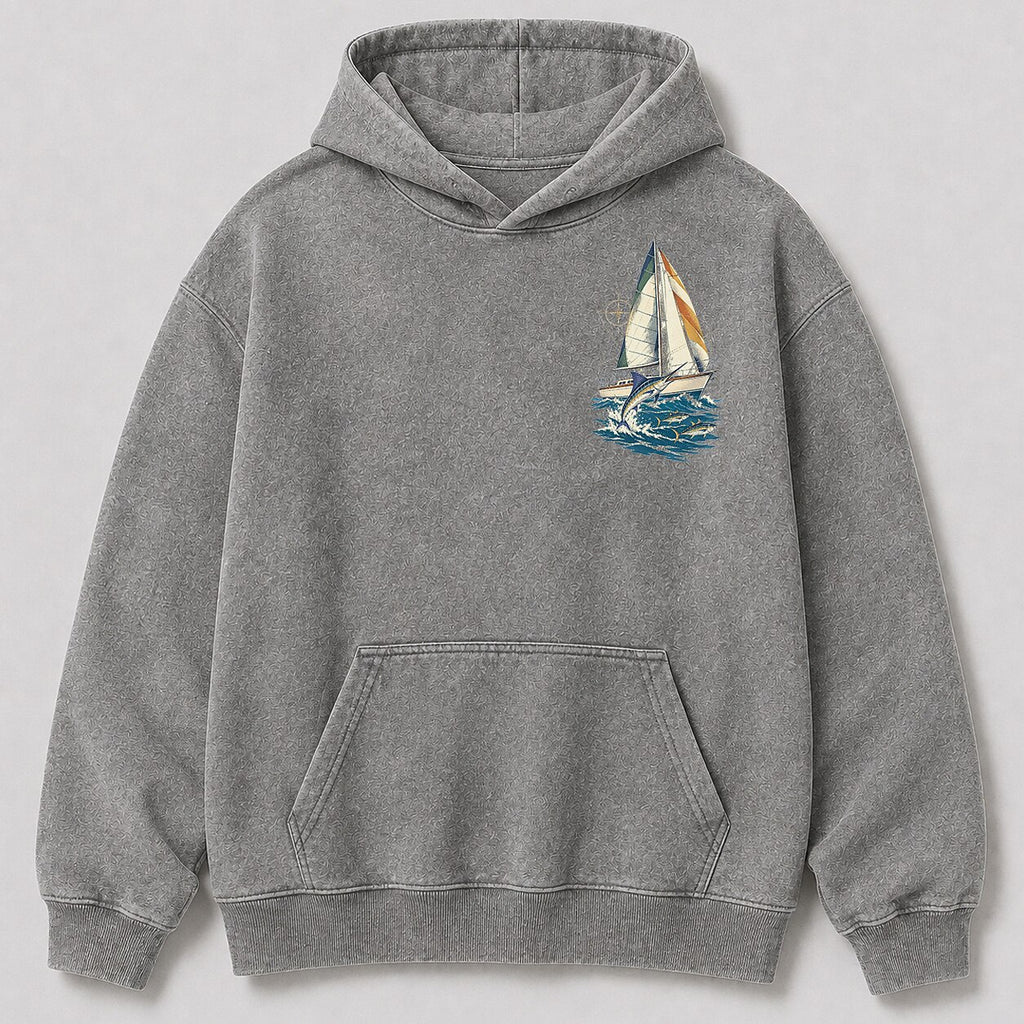 Washed Sailboat Marlin Coastal Fishing Hoodie Graphic
