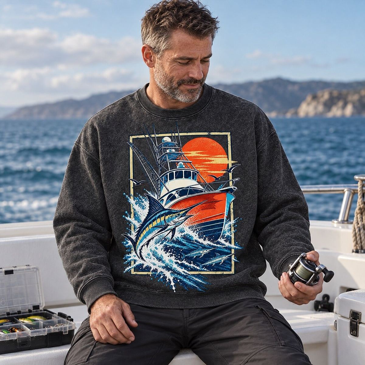 Washed Marlin Fishing Boat Coastal Sweatshirt Graphic