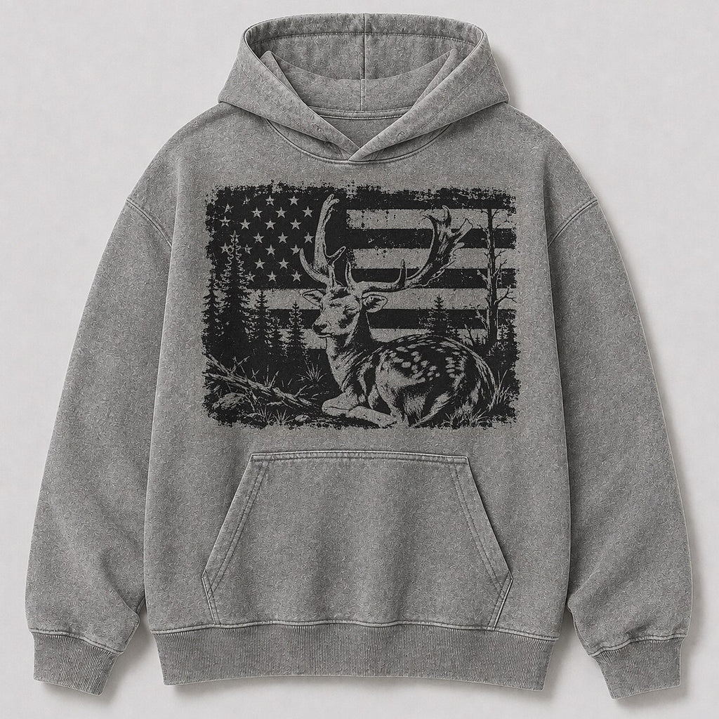 Washed Whitetail Buck American Flag Hunting Hoodie