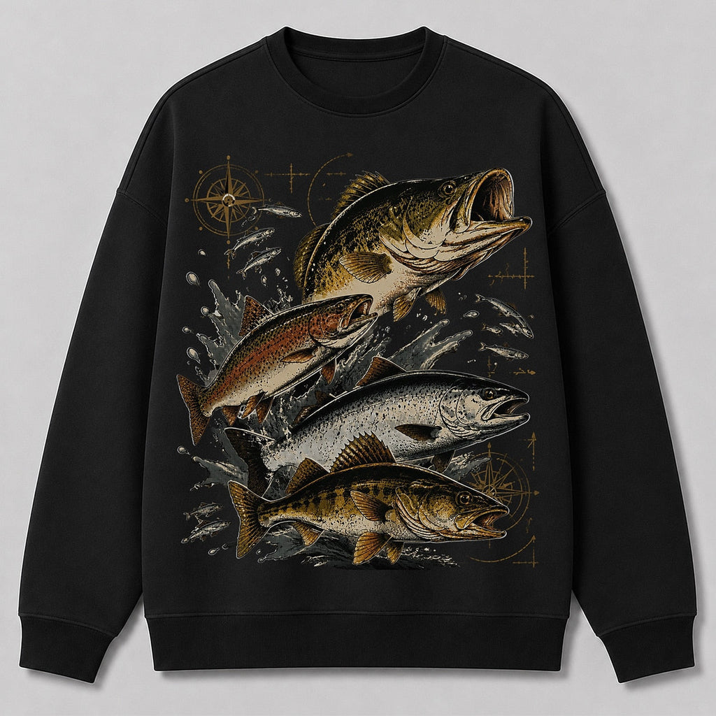 Bass Trout Freshwater Fishing Crewneck Sweatshirt for Men — black front view with printed graphic
