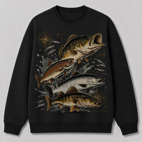Bass Trout Freshwater Fishing Crewneck Sweatshirt for Men — black front view with printed graphic