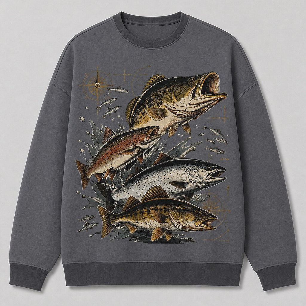 Bass Trout Freshwater Fishing Crewneck Sweatshirt for Men — charcoal front view with printed graphic