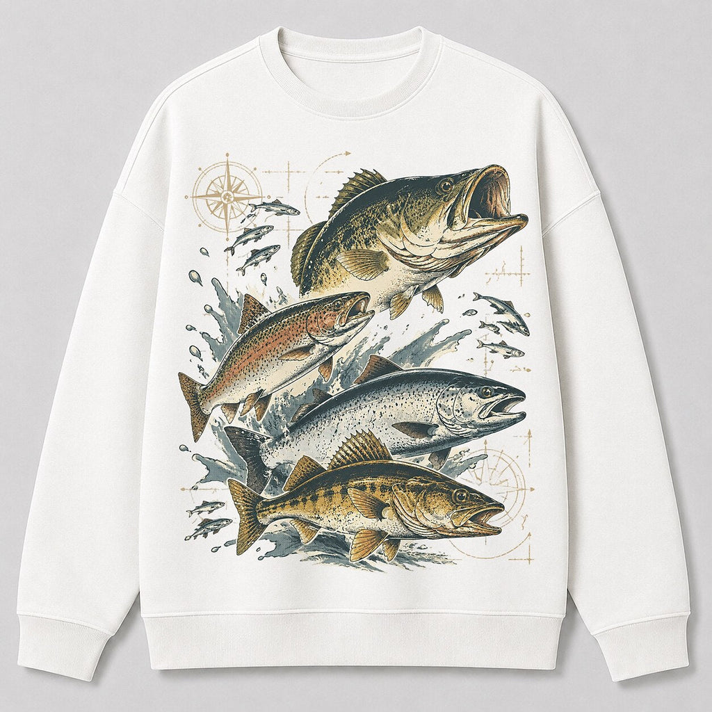 Bass Trout Freshwater Fishing Crewneck Sweatshirt for Men — white front view with printed graphic