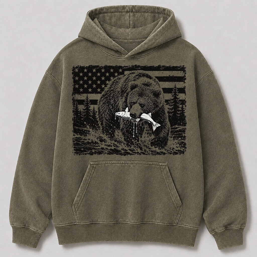 Washed Grizzly Bear Salmon River Fishing Hoodie