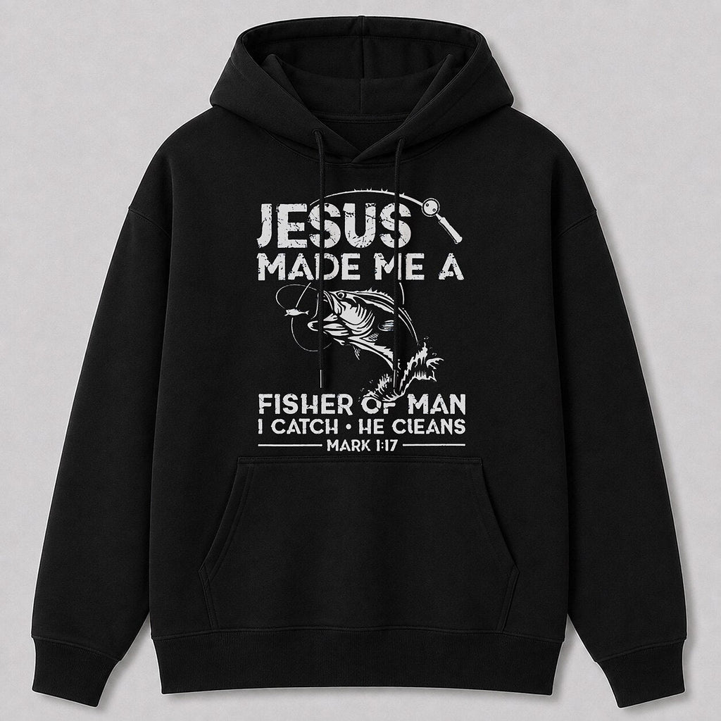 Big Bass Lake Life Hoodie for Men — black front view with printed graphic