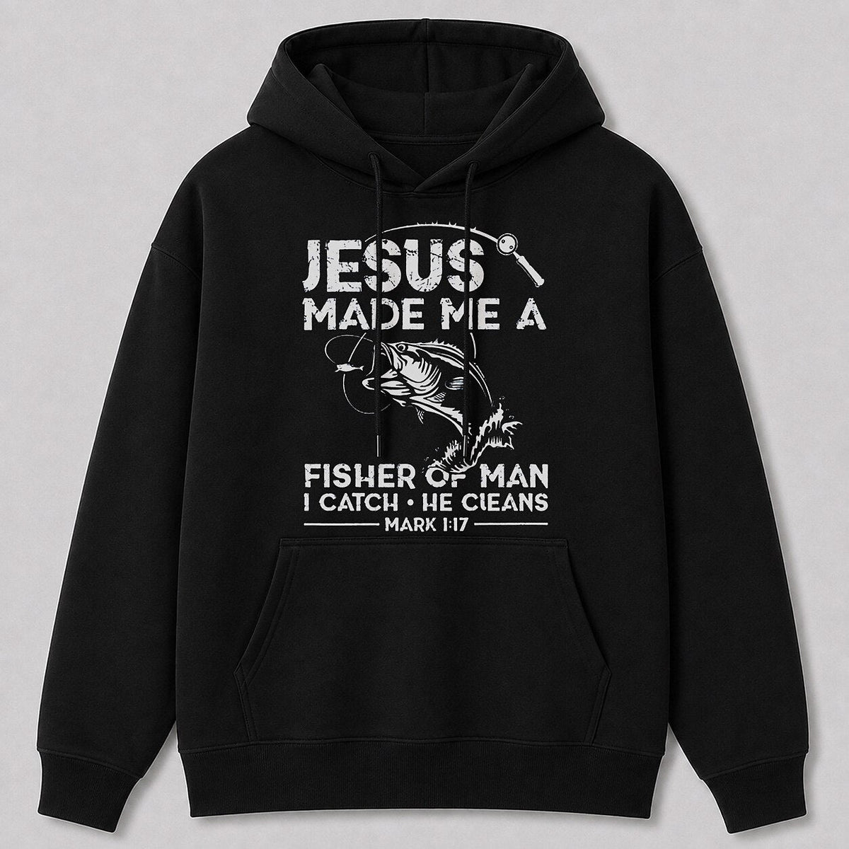 Big Bass Lake Life Hoodie for Men — black front view with printed graphic