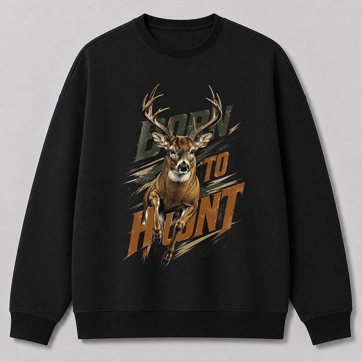 Big Buck Hunting Crewneck Sweatshirt for Men with Born to Hunt running buck graphic — black front view with printed graphic