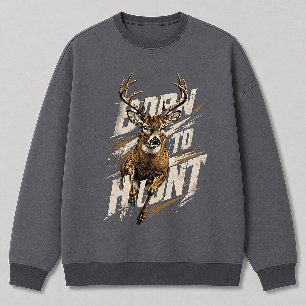 Big Buck Hunting Crewneck Sweatshirt for Men with Born to Hunt running buck graphic — charcoal front view with printed