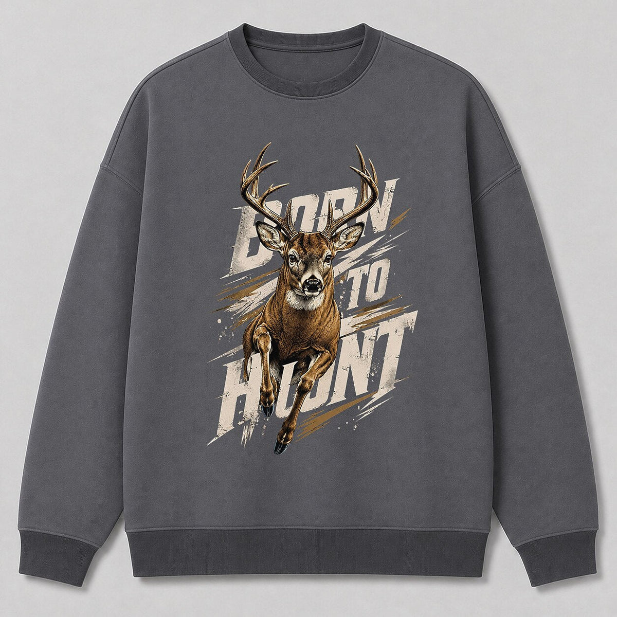 Big Buck Hunting Crewneck Sweatshirt for Men with Born to Hunt running buck graphic — charcoal front view with printed