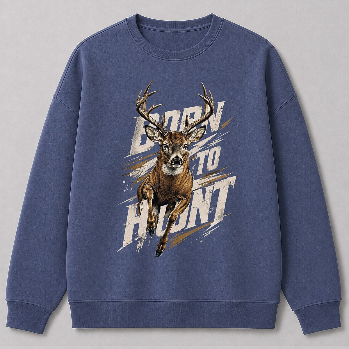 Big Buck Hunting Crewneck Sweatshirt for Men with Born to Hunt running buck graphic — navy front view with printed graphic